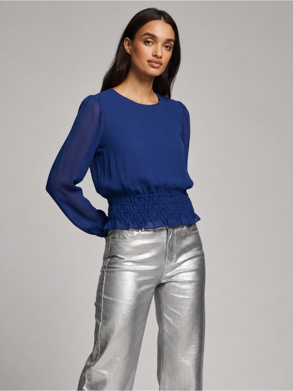 Express Women’s Blue Smocked Waist Chiffon Sheer Long Sleeve Peplum Blouse Sz L